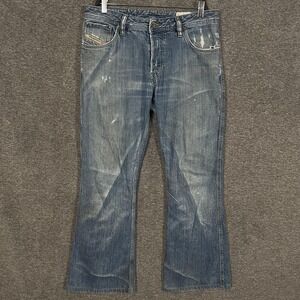 Vintage Diesel Zaf Jeans Mens 33x32 Blue Bootcut Distressed Denim Italy 2000s